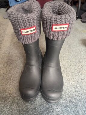 Hunter Black Rain Boots with Gray Knit Cuffs